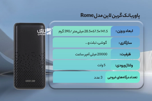 پاوربانک گرین لاین مدل Rome ظرفیت 20000 میلیآمپر ساعت